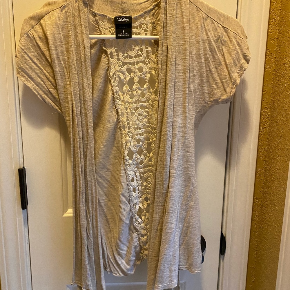 Beige Open-Front Cardigan with Lace Back